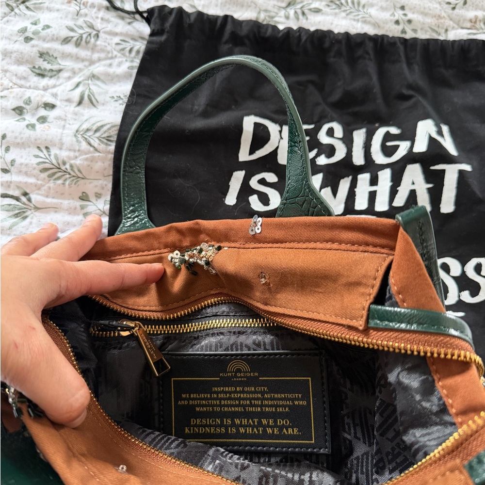 Kurt Geiger Embroidered Sequin Green Brown Tote Shoulder Crossbody Bag NWT - Picture 10 of 16